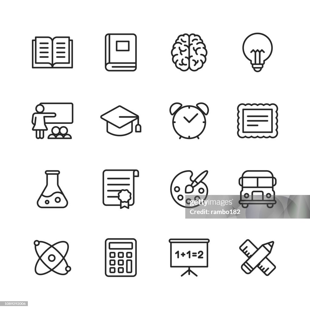Education Line Icons. Editable Stroke. Pixel Perfect. For Mobile and Web. Contains such icons as Book, Brain, Inspiration, School Bus, Certificate.