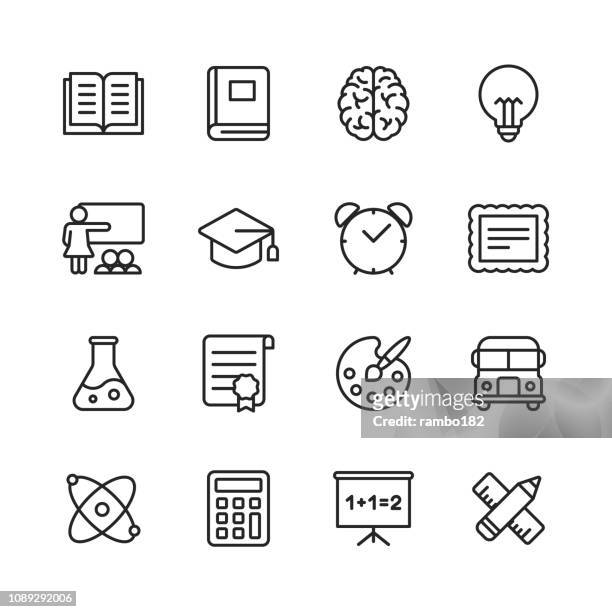 education line icons. editable stroke. pixel perfect. for mobile and web. contains such icons as book, brain, inspiration, school bus, certificate. - education stock illustrations