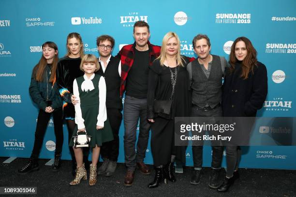 Lola Reid, Riley Keough, Lia McHugh, Severin Fiala, Richard Armitage, Veronika Franz, and Producer Aaron Ryder attend the "The Lodge" Premiere during...