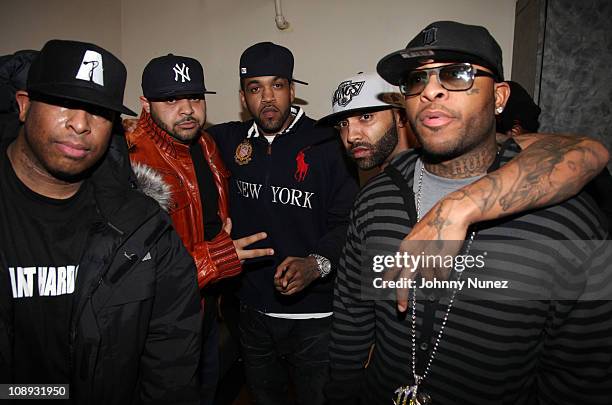 Premier, Joell Ortiz, Lloyd Banks, Joe Budden, and Rocye Da 5'9" pose for a picture backstage at the Highline Ballroom on February 8, 2011 in New...