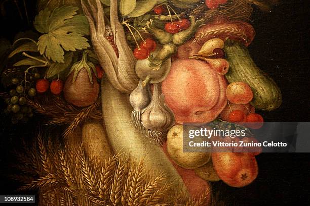 Detail of a painting by Arcimboldo is displayed during the Arcimboldo exhibition press preview held at Palazzo Reale on February 9, 2011 in Milan,...