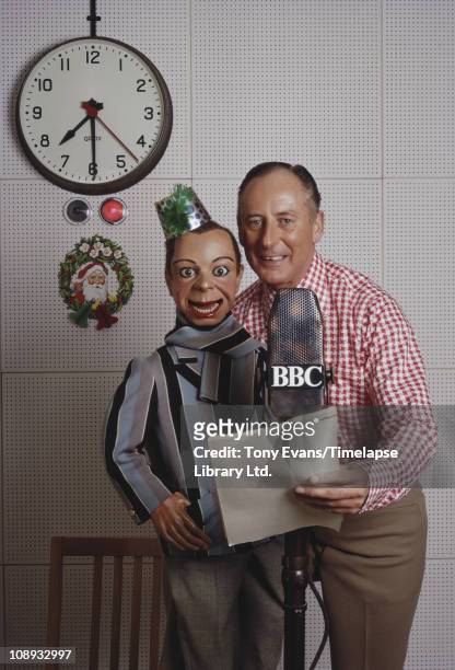 Ventriloquist Peter Brough with his dummy Archie Andrews, which was used in 'Educating Archie', 1972.