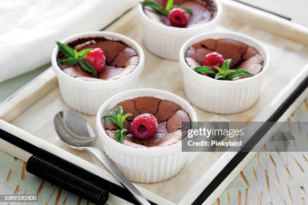 chocolate souffles with raspberry,dessert - souffle stock pictures, royalty-free photos & images