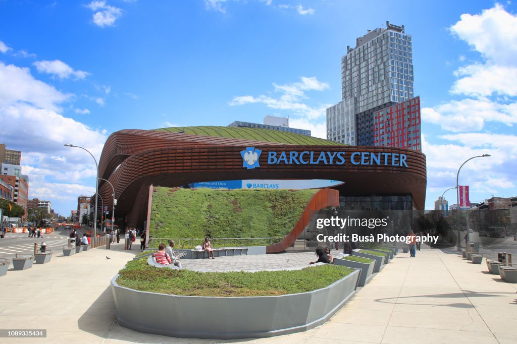 View of the Barclays Center indoor Arena on Atlantic Avenue in Brooklyn, part of the complex now known as Pacific Park. Brooklyn, New York City, USA