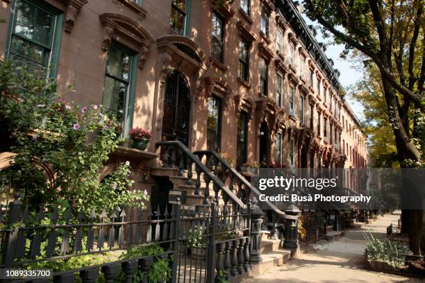 elegant brownstones and townhouses in brooklyn, new york city - portico sopraelevato foto e immagini stock