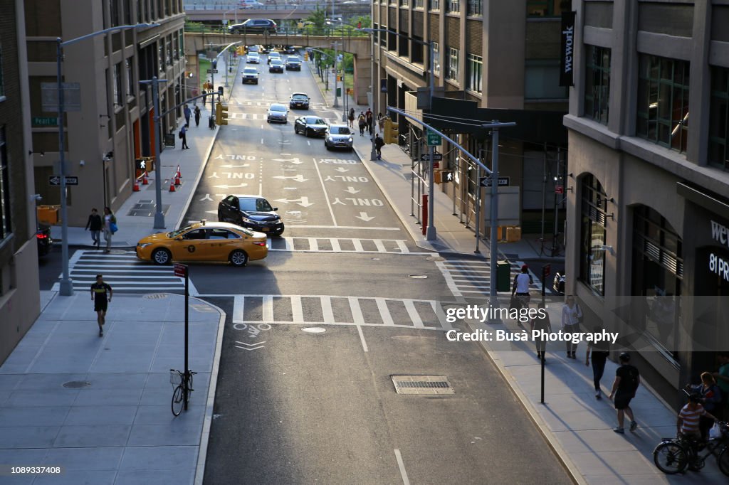 View from above of traffic in streets of Dumbo, Brooklyn, New York City, USA