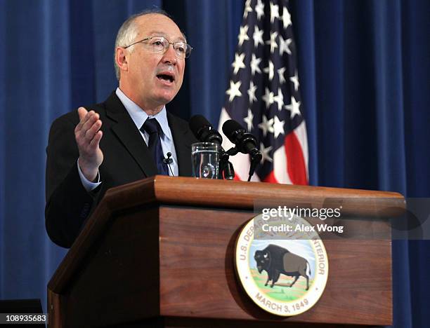 Secretary of Interior Ken Salazar speaks during a roundtable discussion at the Department of the Interior February 9, 2011 in Washington, DC. The...