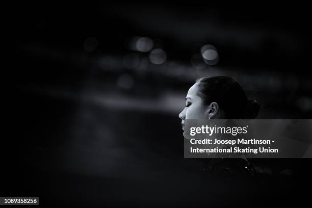 Alina Zagitova of Russia prepares prior to performing in the Ladies Free Skating during day three of the ISU European Figure Skating Championships at...