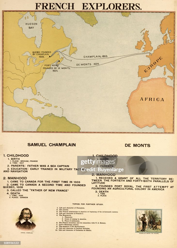 French Exploration Rought's Color illustration shows the routes of French explorers Samuel... News ...
