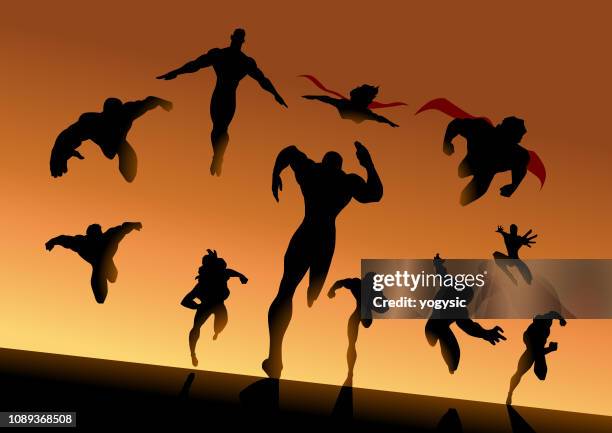 vector superhero team charging forward silhouette - action movie stock illustrations