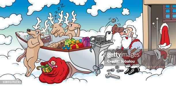 trouble santa's boat cartoon - boat engine stock illustrations