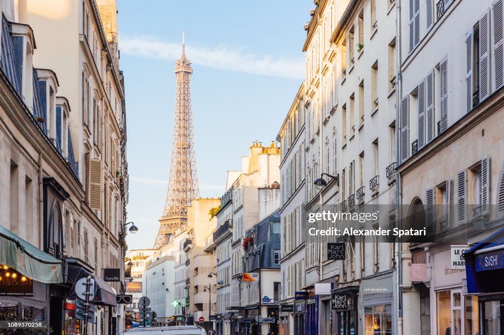 Street and Eiffel Tower on a sunny morning, Paris, France