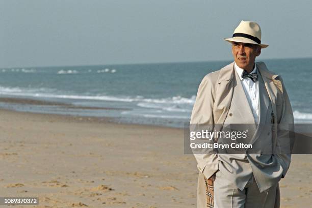 British actor Sir Christopher Lee , stands on a Norfolk beach during a break in filming for an American Television series in Hemsby, Norfolk, U.K.,...