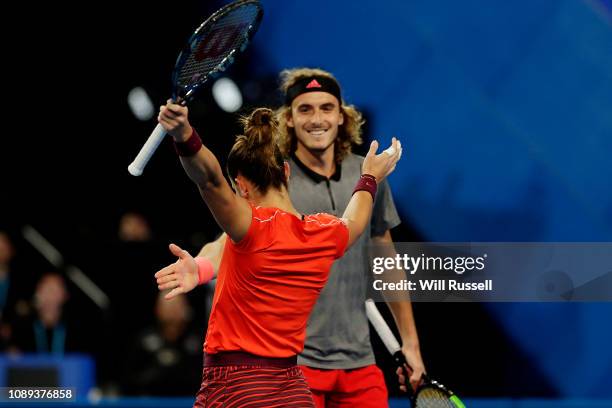 Maria Sakkari of Greece reacts in the mixed doubles match against Belinda Bencic and Roger Federer of Switzerland during day six of the 2019 Hopman...