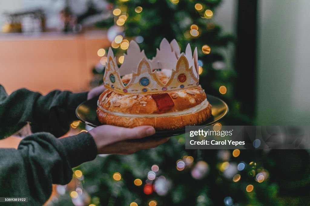 Roscon de reyes, kings' ring typical dessert eaten in Spain to celebrate Epiphany or Dia de Reyes Magos