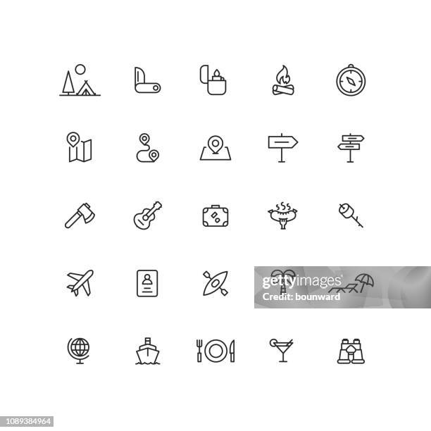 outline line travel icons - beach bbq stock illustrations