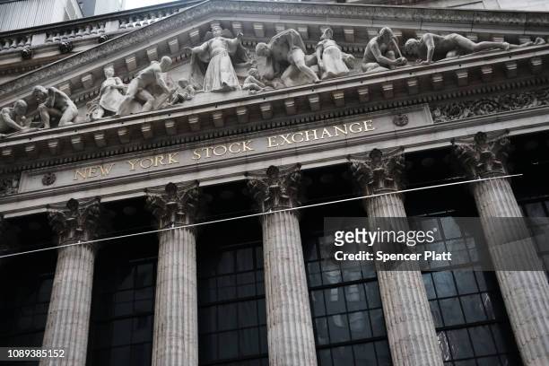The New York Stock Exchange stands in lower Manhattan on January 03, 2019 in New York City. As a decline in Apple product sales in China continues to...