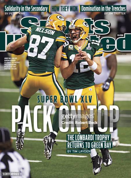 February 14, 2011 Sports Illustrated via Getty Images Cover:Football: Super Bowl XLV: Green Bay Packers QB Aaron Rodgers victorious with Jordy Nelson...