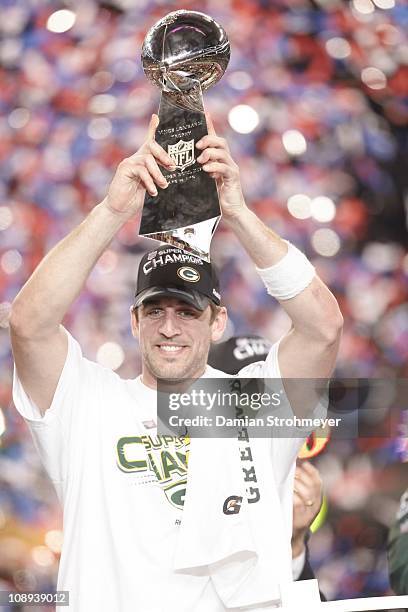 Super Bowl XLV: Green Bay Packers QB Aaron Rodgers victorious, with Vince Lombardi trophy after winning game vs Pittsburgh Steelers at Cowboys...
