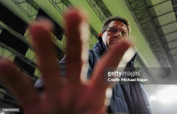 England manager Fabio Capello looks on before the international friendly match between Denmark and England at Parken Stadium on February 9, 2011 in...