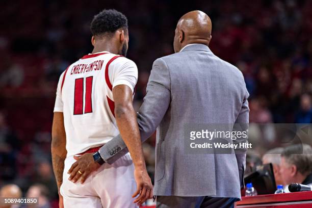 Head Coach Mike Anderson talks with Keyshawn Embery-Simpson of the Arkansas Razorbacks during a game against the Austin Peay Governors at Bud Walton...