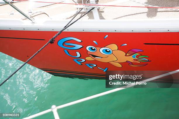 Cartoon fish logo adorns the side of "Guppy", the vessel fifteen-year-old Laura Dekker plans to circumnavigate the World in, February 9, 2011 in...