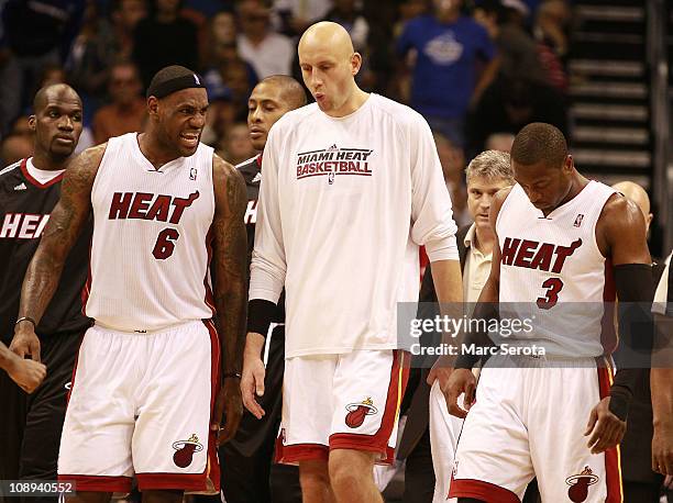 Forwad LeBron James, Center Zydrunas Ilgauskas and Guard Dwyane Wade of the Miami Heat against the Orlando Magic at Amway Arena on February 3, 2011...