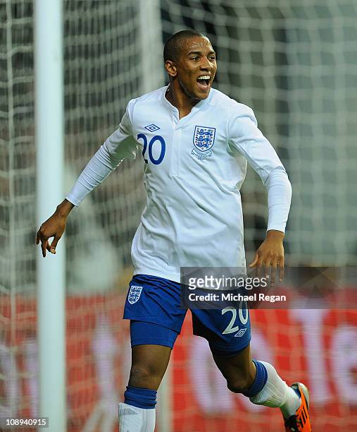 Ashley Young of England celebrates scoring to make it 2-1 during the international friendly match between Denmark and England at Parken Stadium on...
