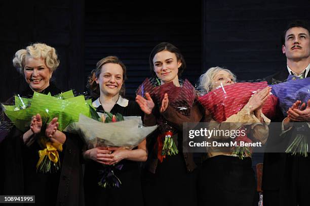 Ellen Burstyn, Elisabeth Moss, Keira Knightley, Carol Kane and Tobias Menzies perform on stage at the press night of 'The Children's Hour' at the...