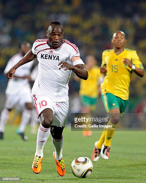Dennis Oliech of Kenya in action during the International friendly match between South Africa and Kenya at Royal Bafokeng Stadium on February 09,...