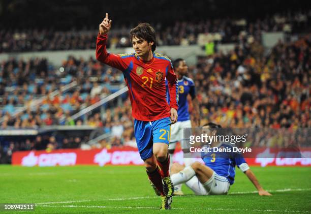 David Silva of Spain celebrates after scoring Spain's first goal during the International friendly match between Spain and Colombia at Estadio...