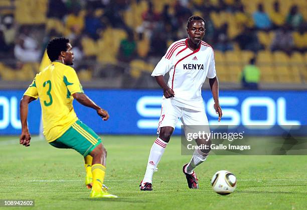 Lloyd Wahoma of South Africa and Kevin Omondi of Kenya compete during the International friendly match between South Africa and Kenya at Royal...