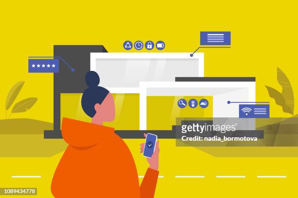 The interface of Smart home. New technologies. Lifestyle. Futuristic pop up windows. Data. Young female character standing in front of the building. Remote control.