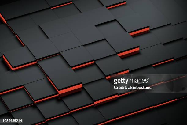 abstracte 3d zwarte kubussen achtergrond met rode lichten - black background technology stockfoto's en -beelden