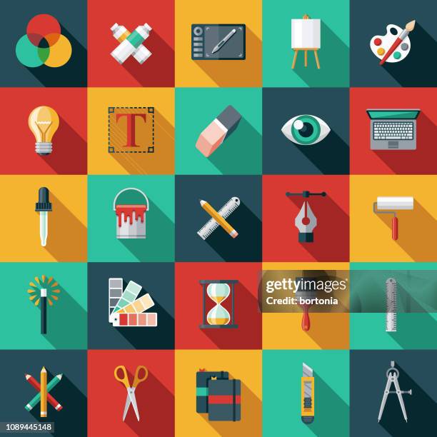 graphic design flat icon set - graphic design tools stock illustrations