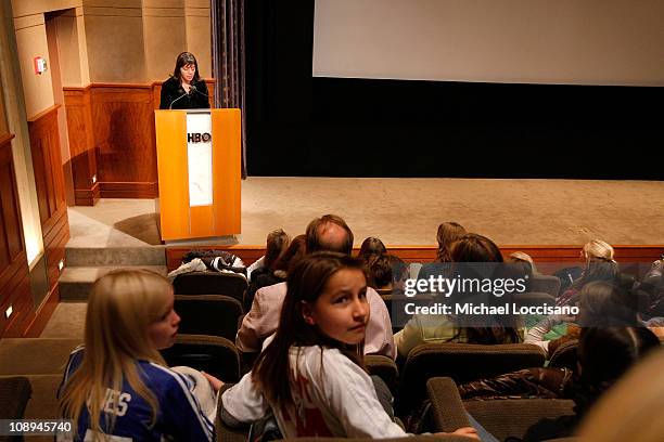 Documentary Films VP Nancy Abraham addresses the audience during the HBO Documentary Screening of "Kick Like A Girl" at HBO Building on November 20,...