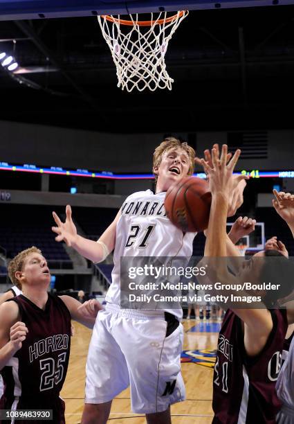 Monarch's J.J. Pavelich battles for a rebound with Horizon's Mitchell Cooley as Mark Drotar watches in the second half of their game at the...