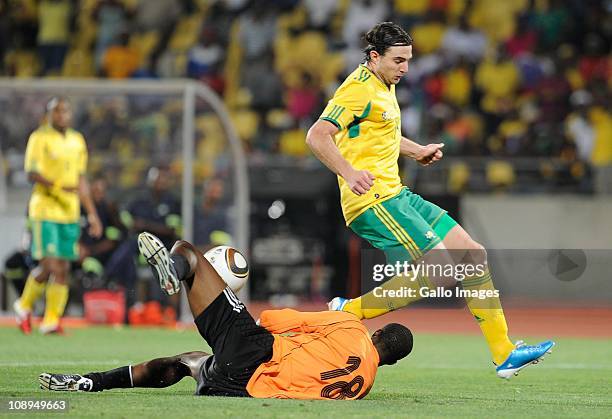 Zacharia Onyango and Davide Sooma during the International friendly match between South Africa and Kenya at Royal Bafokeng Stadium on February 09,...