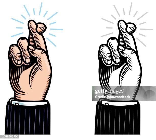 woodcut crossed fingers illustration - fingers crossed stock illustrations