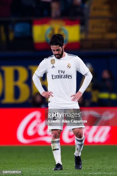 Francisco Alarcon 'Isco' of Real Madrid CF looks dejected after Santi Cazorla of Villarreal CF scored his team's second goal during the La Liga match...