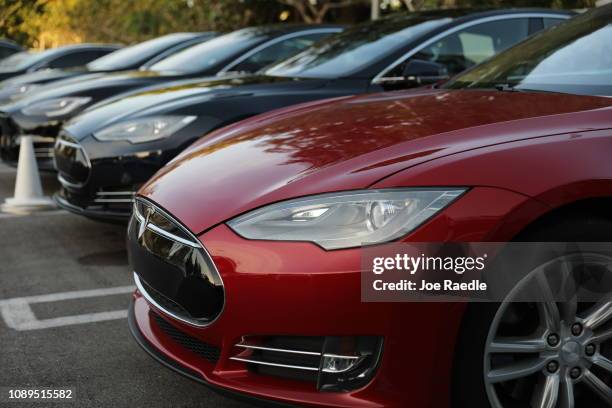 Tesla vehicle is seen at a dealership on January 03, 2019 in Miami, Florida. Tesla Inc. Shares have fallen as the company reported fourth-quarter...