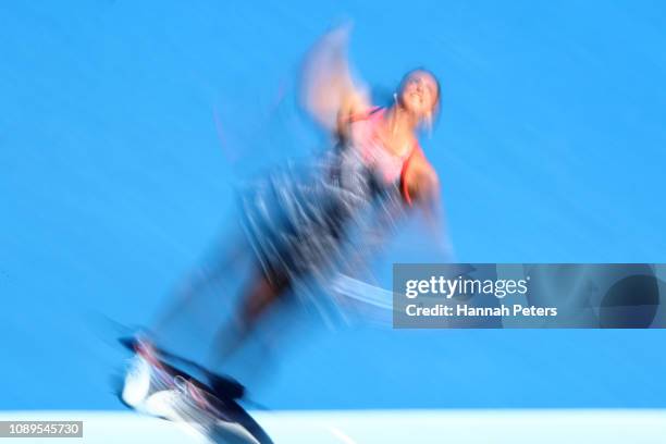 Viktoria Kuzmova of Slovakia serves during her quarter final match against Amanda Anisimova of USA at the ASB Classic on January 04, 2019 in...