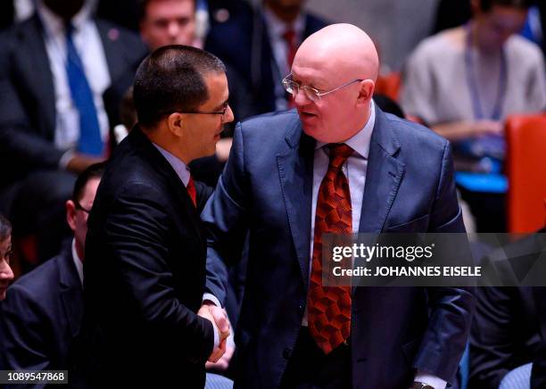 Venezuelan Foreign Minister Jorge Arreaza speaks to Russian Ambassador to the United Nations Vasily Nebenzya at a United Nations Security Council...