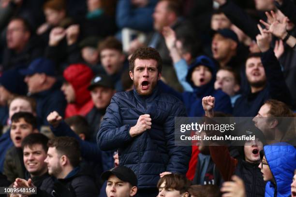 Fan cheers on his team during the FA Cup Fourth Round match between Portsmouth and Queens Park Rangers at Fratton Park on January 26, 2019 in...