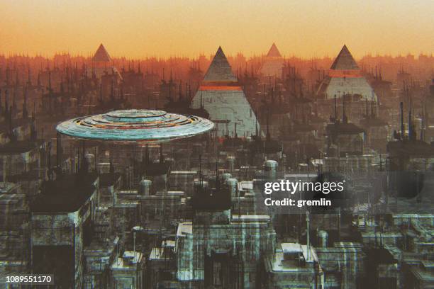 flying ufo over futuristic cityscape - urban warfare stock pictures, royalty-free photos & images