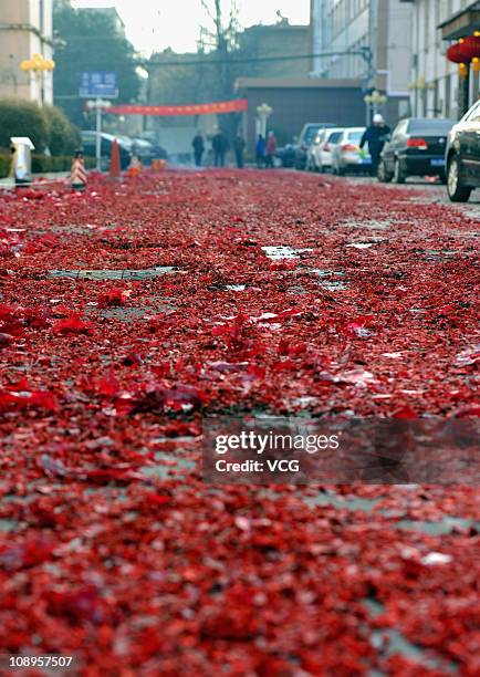 Debris from used fireworks are seen along a road on February 9, 2011 in Jinan, Shandong Province of China. Local businesses in China rushed to set...