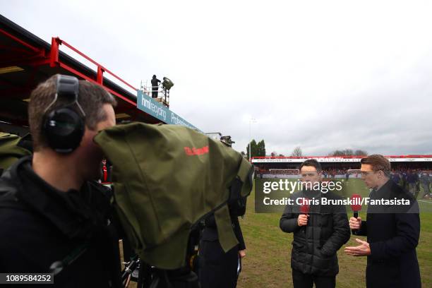 Michael Owen and Stephen Warnock speak ahead of the FA Cup Fourth Round match between Accrington Stanley and Derby County at Wham Stadium on January...