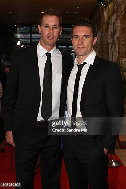 Mark Paston and Tim Brown of the All Whites arrive at the Westpac Halberg Awards at the SkyCity Convention Centre on February 10, 2011 in Auckland,...