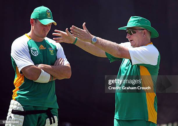 Captain Graeme Smith of South Africa and coach Duncan Fletcher discuss techniques during the first South Africa training session ahead of the World...