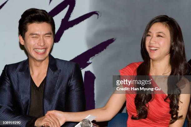 Actors Hyun Bin and Tang Wei during a "Late Autumn" press conference at Wangaimni CGV on February 10, 2011 in Seoul, South Korea.The film will open...